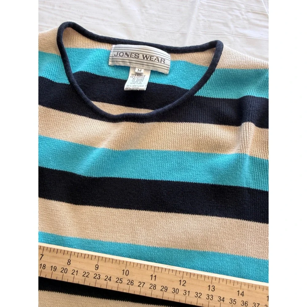 Jones Wear Womens Striped Crewneck Sweater Blue Black Tan Size Medium
